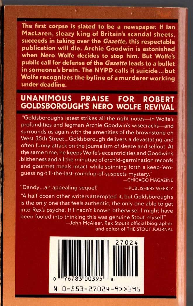 (Robert Goldsborough) DEATH ON DEADLINE (Nero Wolfe) magnified rear book cover image
