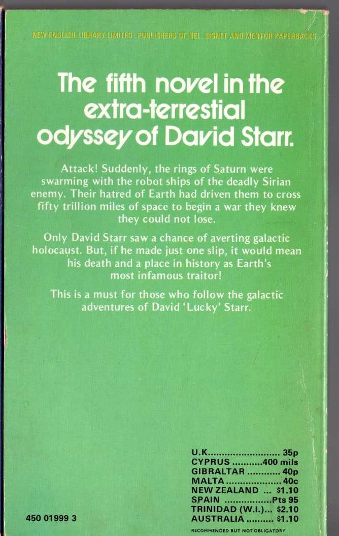 Isaac Asimov  THE RINGS OF SATURN magnified rear book cover image