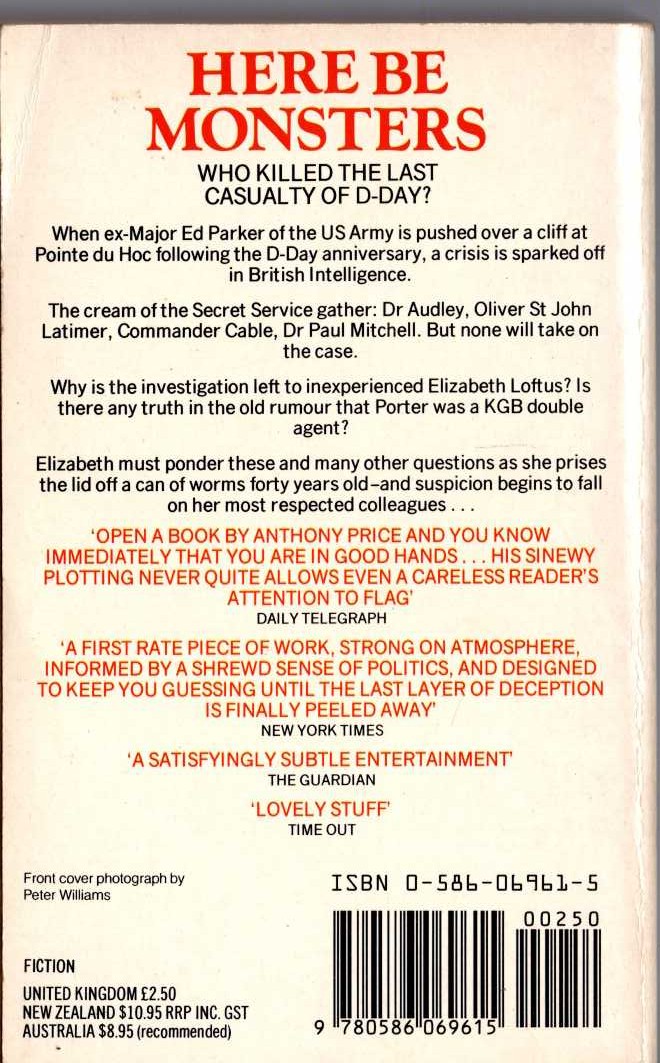 Anthony Price  HERE BE MONSTERS magnified rear book cover image
