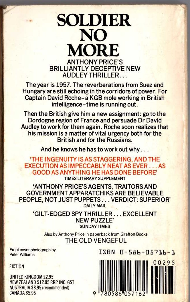 Anthony Price  SOLDIER NO MORE magnified rear book cover image