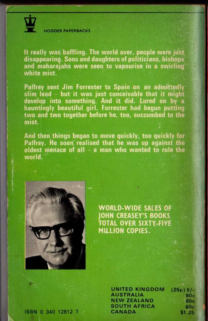John Creasey  THE MISTS OF FEAR (Doctor Palfrey) magnified rear book cover image