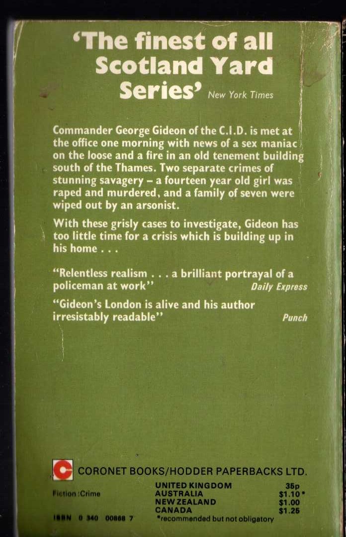 J.J. Marric  GIDEON'S FIRE magnified rear book cover image