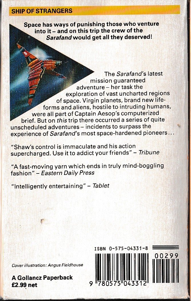 Bob Shaw  SHIP OF STRANGERS magnified rear book cover image