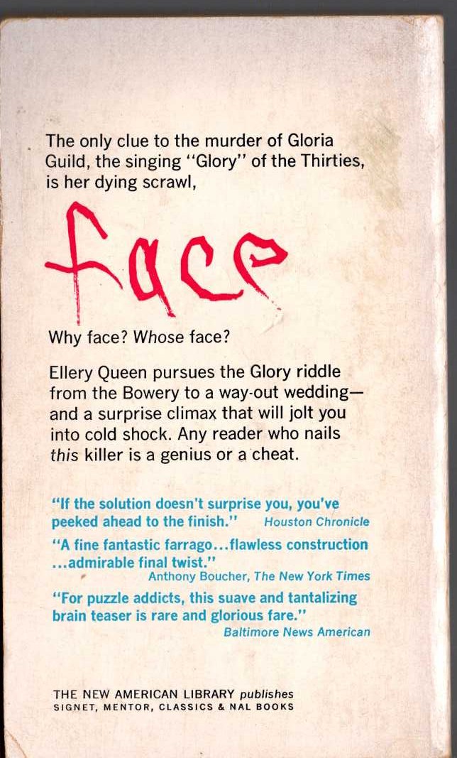 Ellery Queen  FACE TO FACE magnified rear book cover image