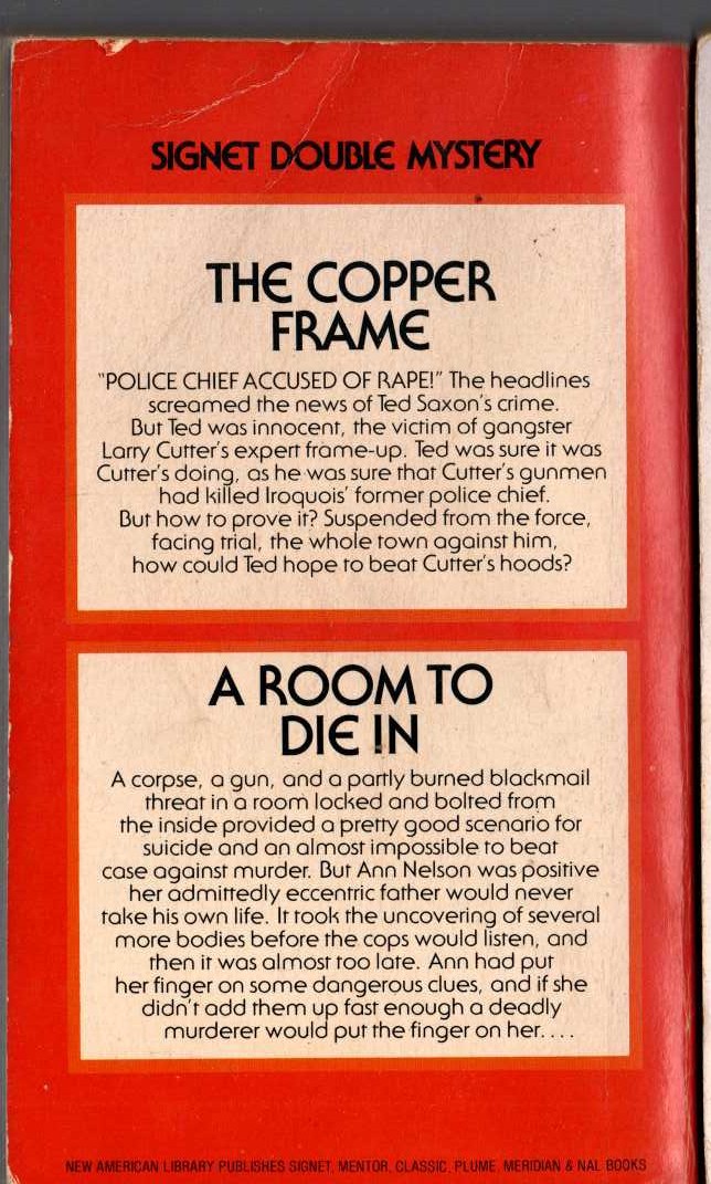 Ellery Queen  THE COPPER FRAME and A ROOM TO DIE IN magnified rear book cover image