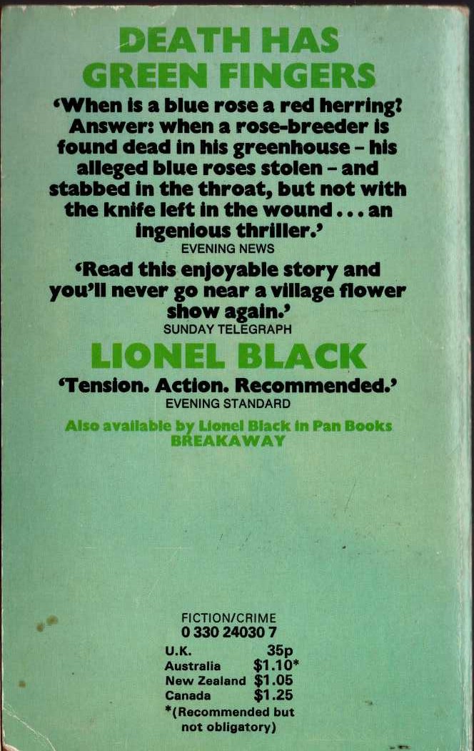 Lionel Black  DEATH HAS GREEN FINGERS magnified rear book cover image