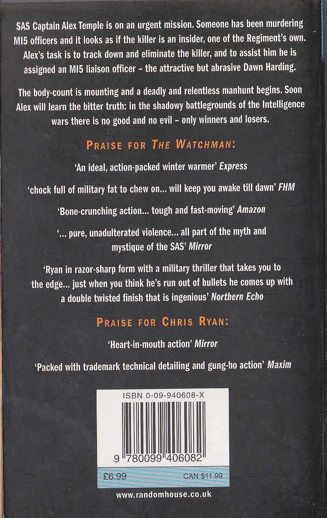 Chris Ryan  THE WATCHMAN magnified rear book cover image
