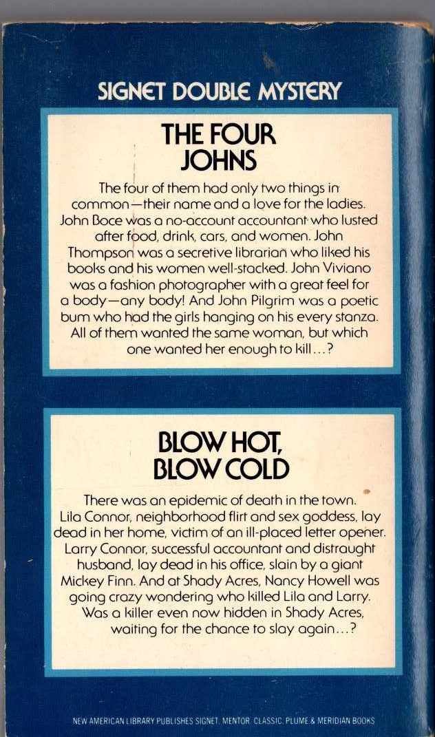 Ellery Queen  THE FOUR JOHNS / BLOW HOT, BLOW COLD magnified rear book cover image