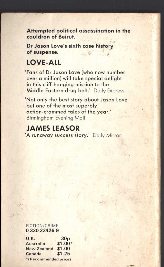 James Leasor  LOVE-ALL magnified rear book cover image