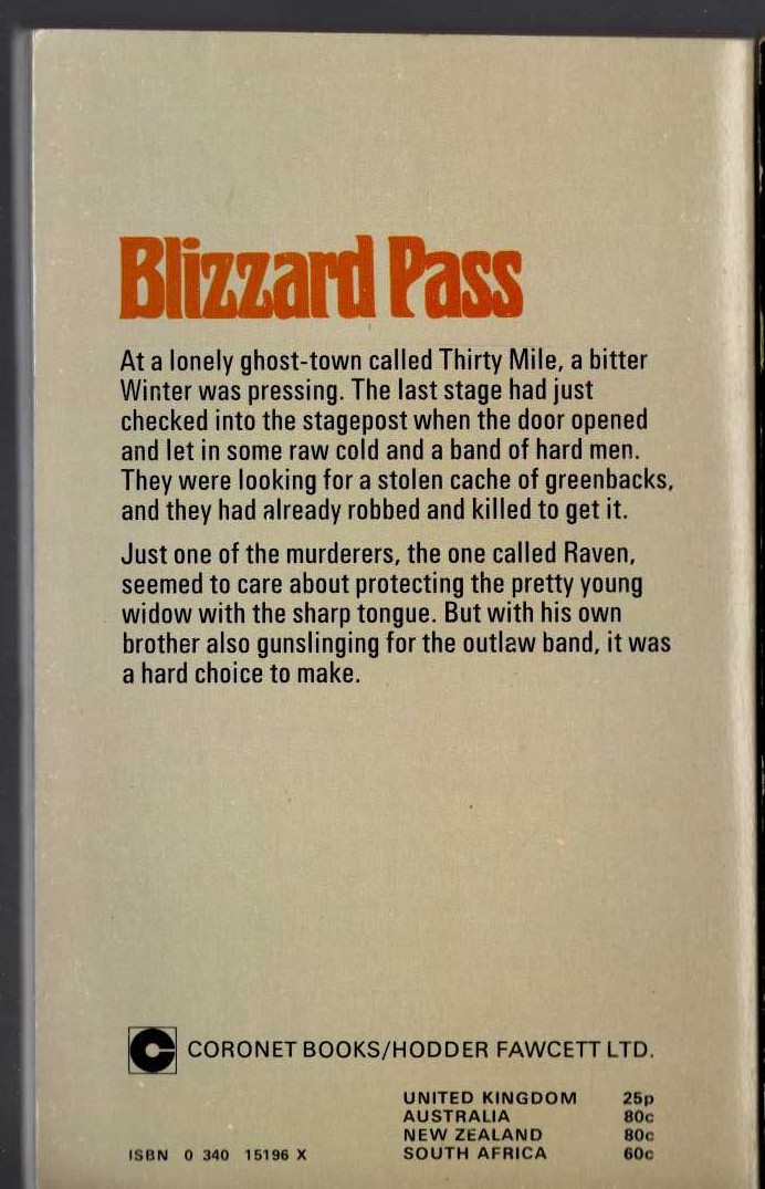 T.V. Olsen  BLIZZARD PASS magnified rear book cover image