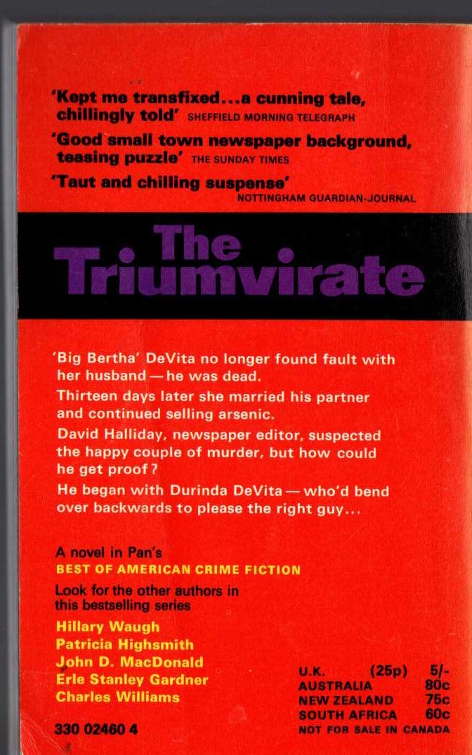 (Hillary Waugh writing ass H.Baldwin Taylor) THE TRIUMVIRATE magnified rear book cover image