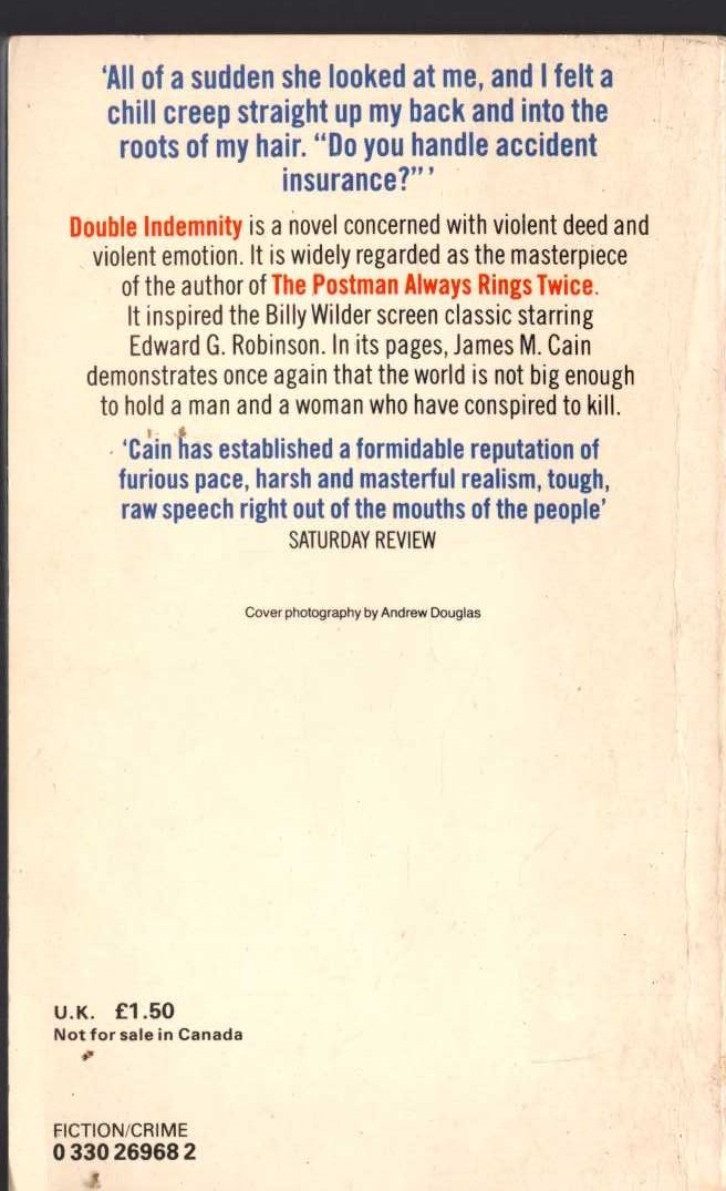 James M. Cain  DOUBLE INDEMNITY magnified rear book cover image