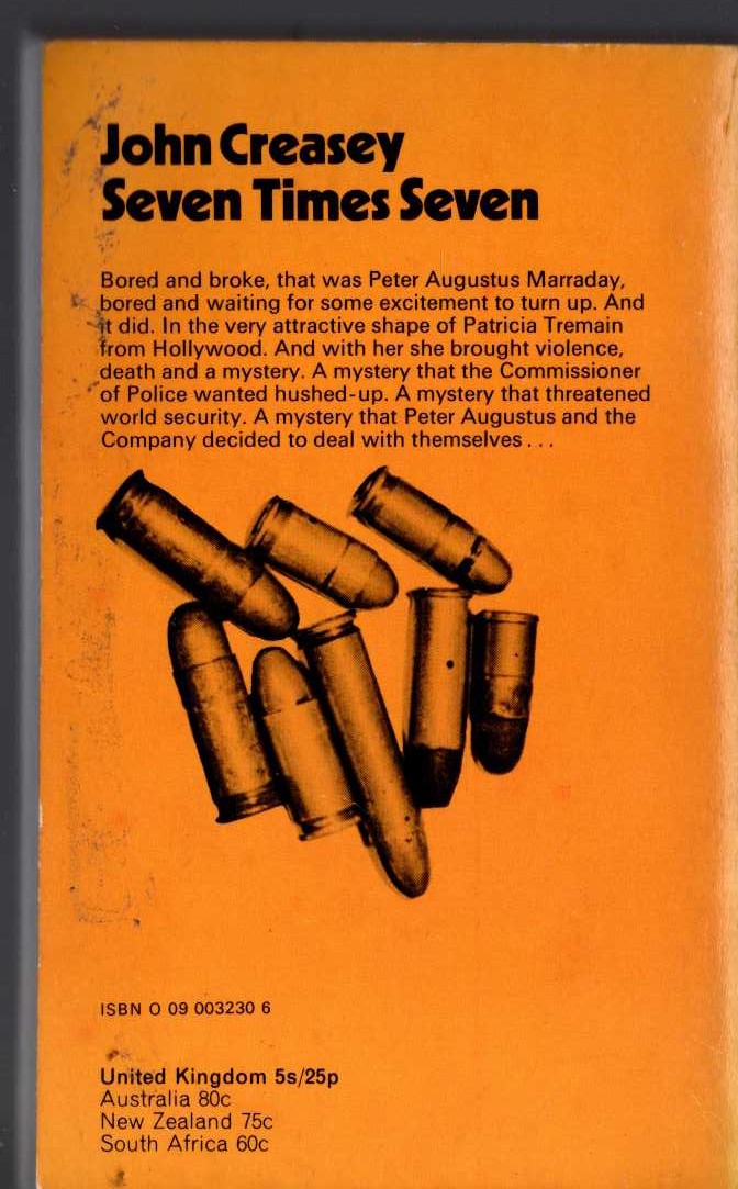 John Creasey  SEVEN TIMES SEVEN magnified rear book cover image
