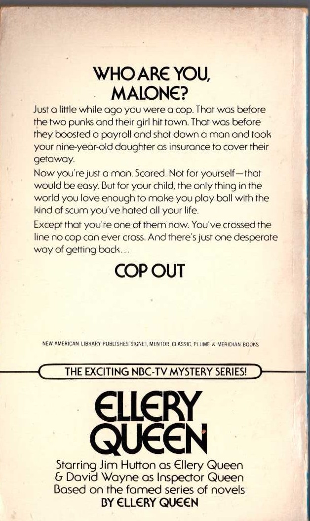 Ellery Queen  COP OUT magnified rear book cover image