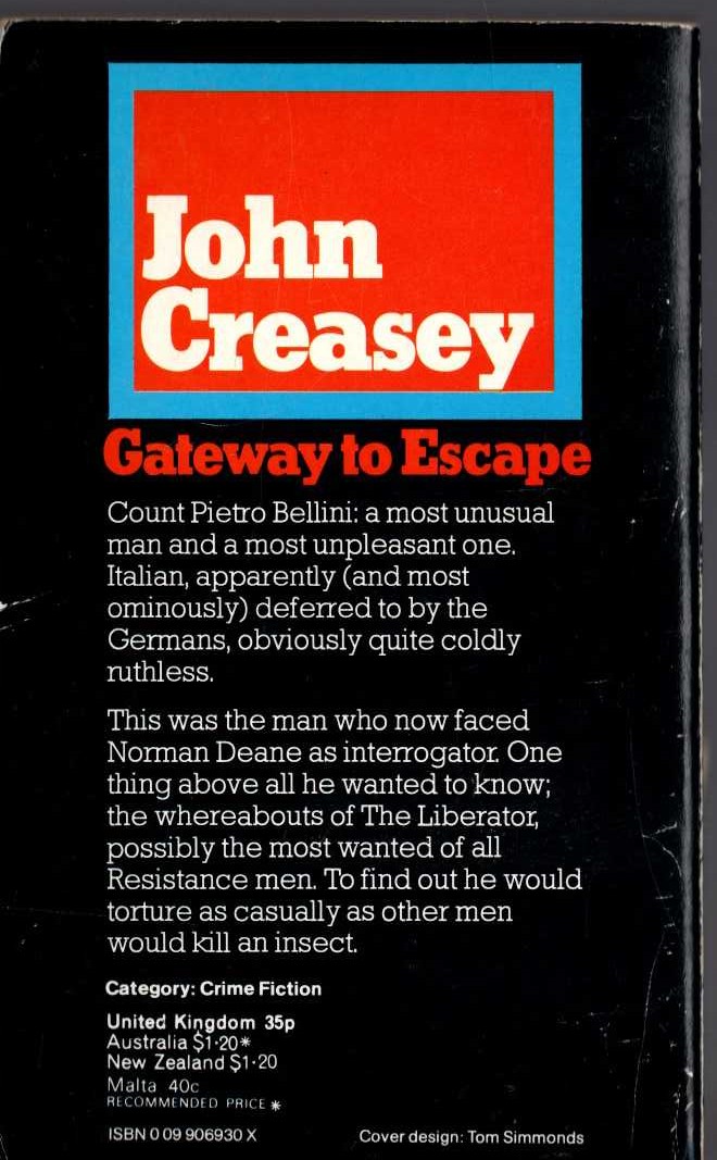 John Creasey  GATEWAY TO ESCAPE magnified rear book cover image