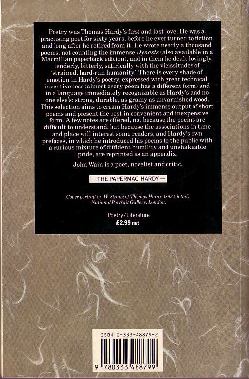 Thomas Hardy  SELECTED SHORTER POEMS. (Selected by John Wain) magnified rear book cover image