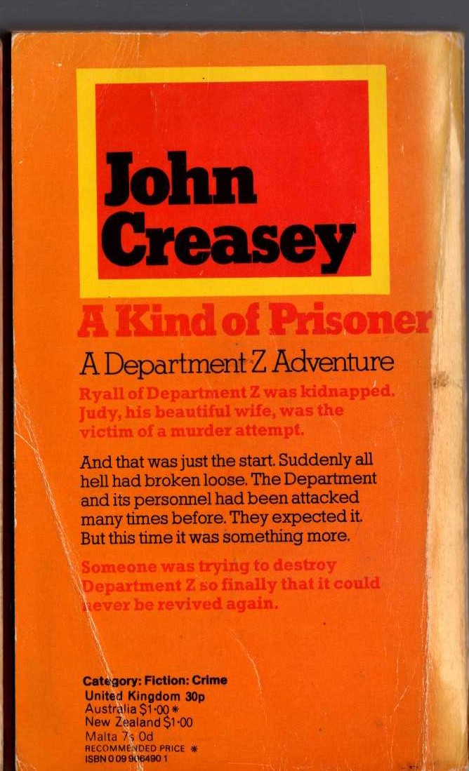 John Creasey  A KIND OF PRISONER (Department 'Z') magnified rear book cover image