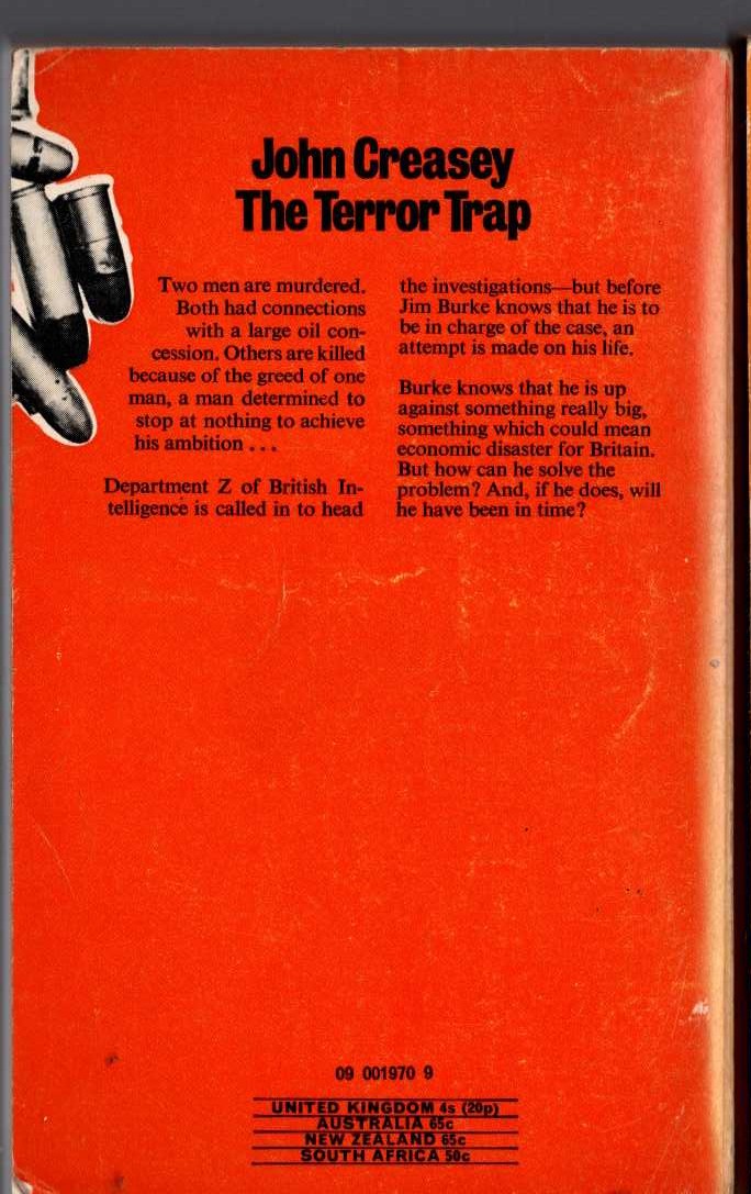 John Creasey  THE TERROR TRAP (Department 'Z') magnified rear book cover image