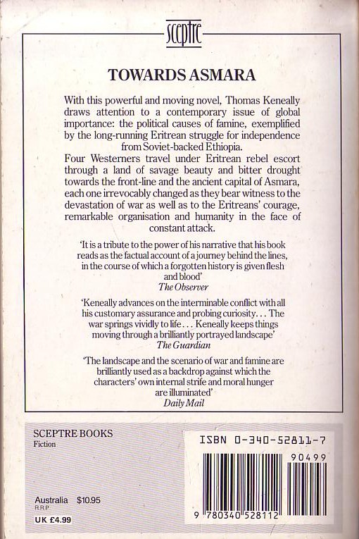 Thomas Keneally  TOWARDS ASMARA magnified rear book cover image