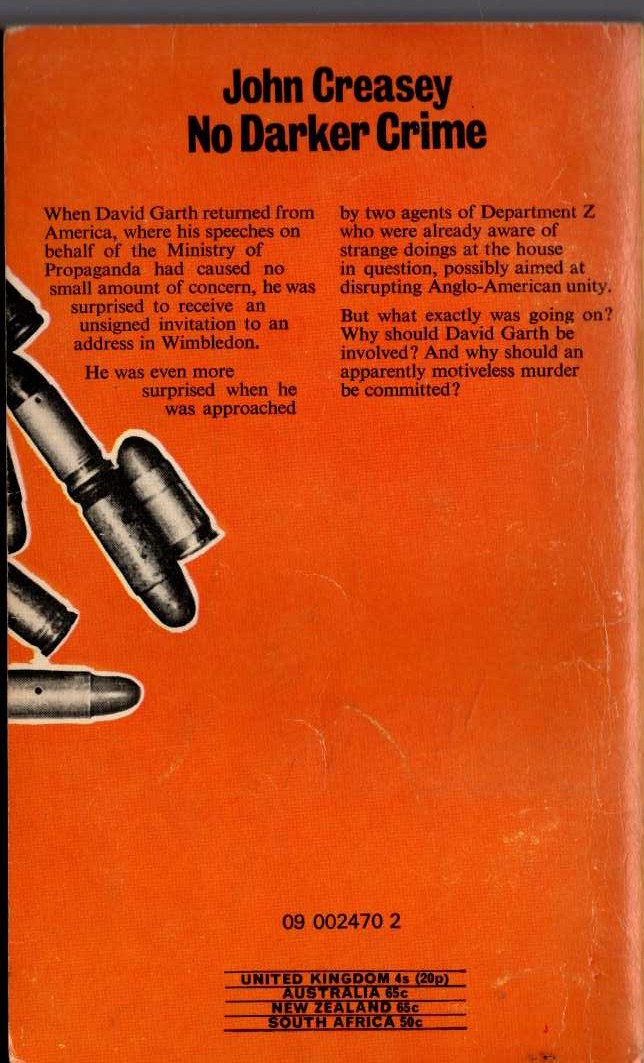 John Creasey  NO DARKER CRIME (Department 'Z') magnified rear book cover image