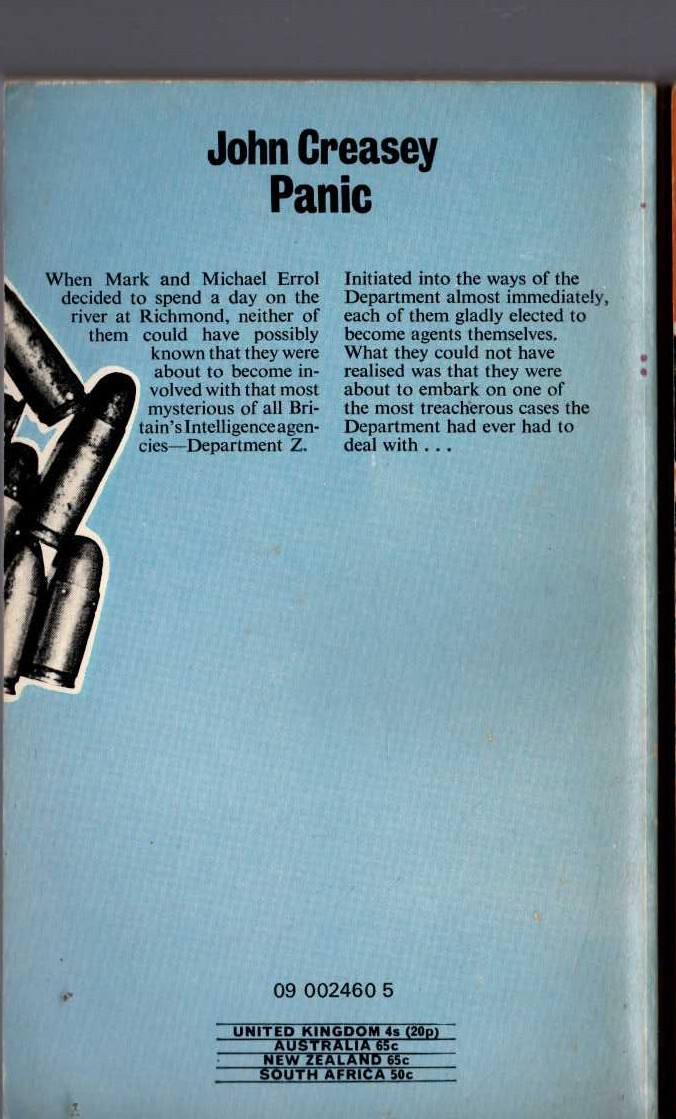 John Creasey  PANIC (Department 'Z') magnified rear book cover image