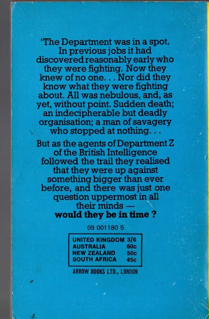 John Creasey  DAYS OF DANGER (Department 'Z') magnified rear book cover image