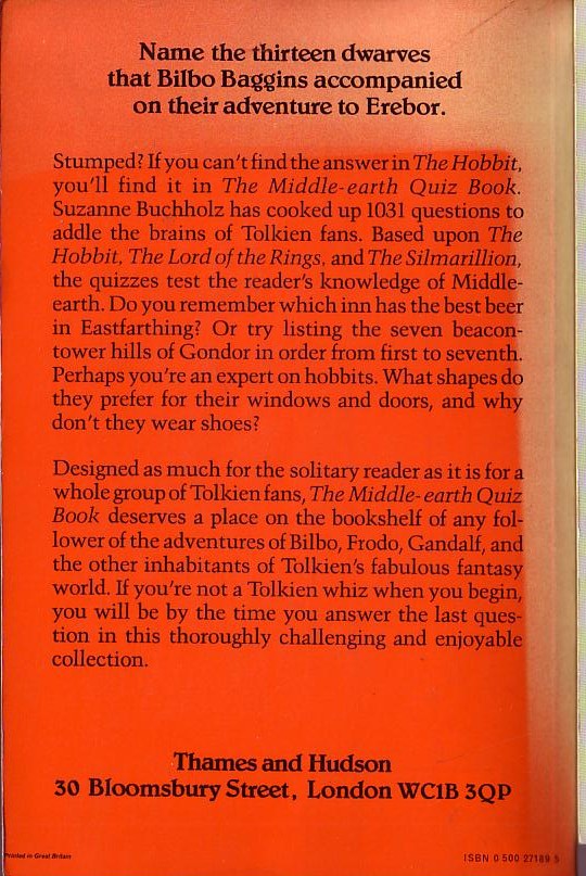 Suzanne Buchholz  THE MIDDLE-EARTH QUIZ BOOK magnified rear book cover image