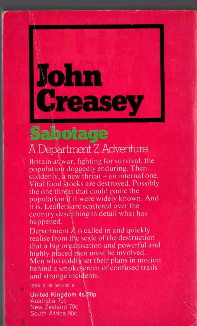 John Creasey  SABOTAGE (Department 'Z') magnified rear book cover image