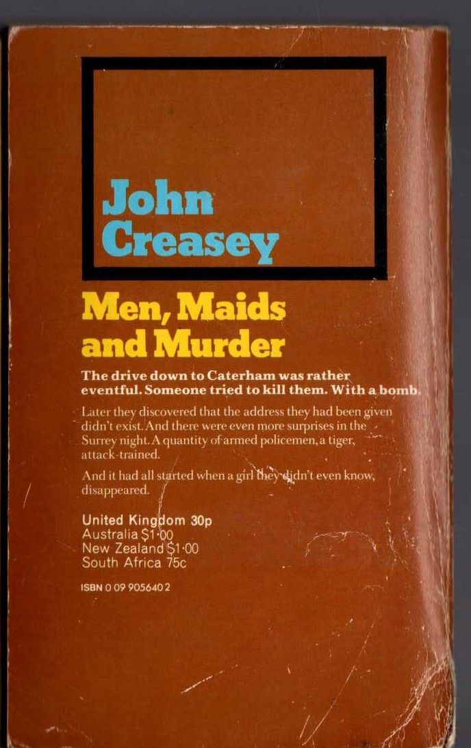 John Creasey  MEN, MAIDS AND MURDER magnified rear book cover image