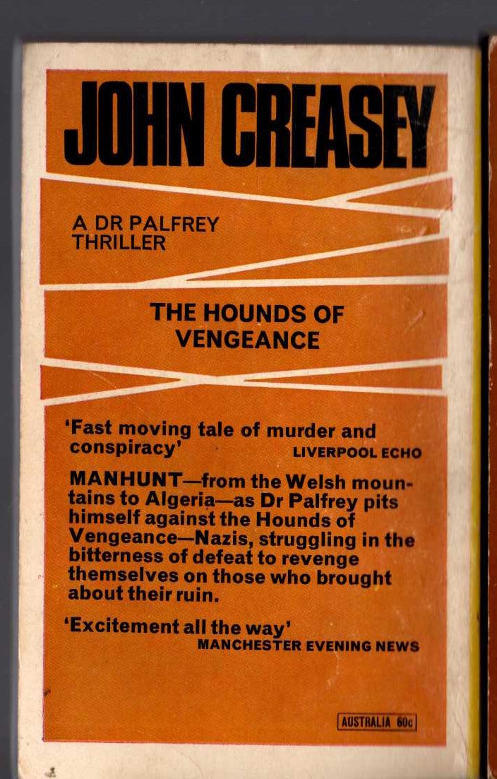 John Creasey  THE HOUNDS OF VENGEANCE (Doctor Palfrey) magnified rear book cover image