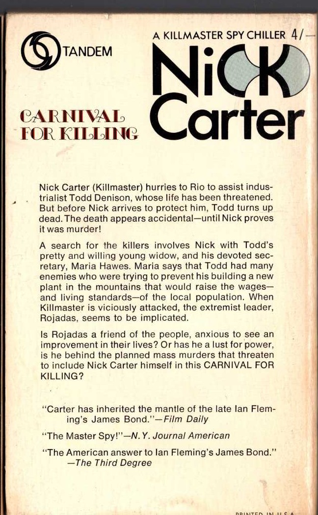 Nick Carter  CARNIVAL FOR KILLING magnified rear book cover image