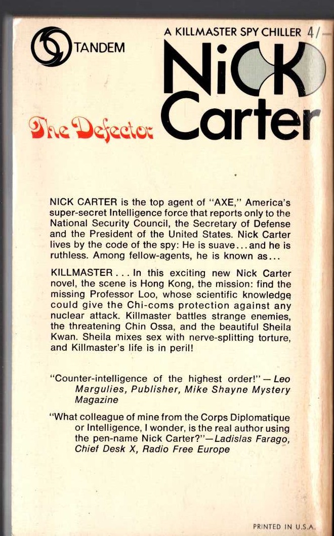 Nick Carter  THE DEFECTOR magnified rear book cover image