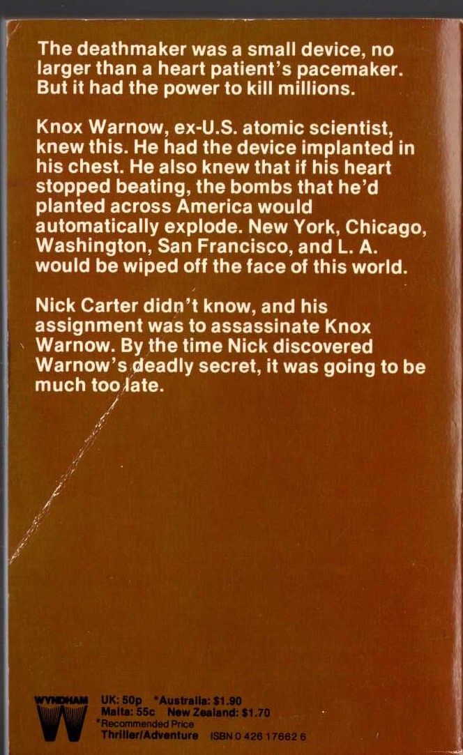 Nick Carter  THE DEATH'S HEAD CONSPIRACY magnified rear book cover image
