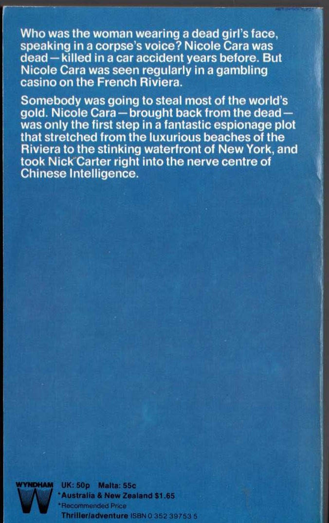 Nick Carter  THE MAN WHO SOLD DEATH magnified rear book cover image