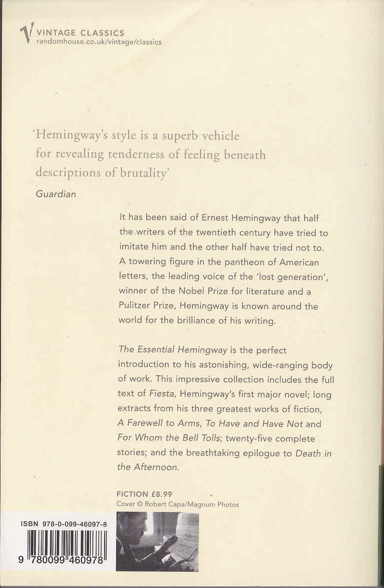 Ernest Hemingway  THE ESSENTIAL HEMINGWAY magnified rear book cover image
