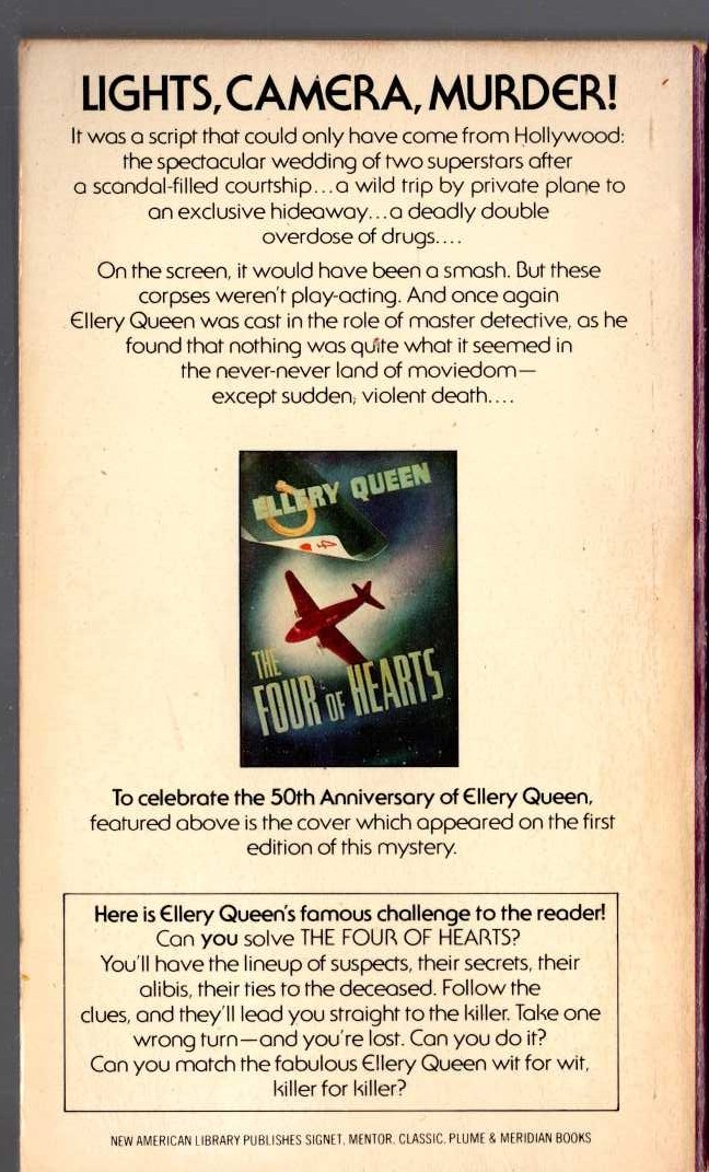 Ellery Queen  THE FOUR OF HEARTS magnified rear book cover image