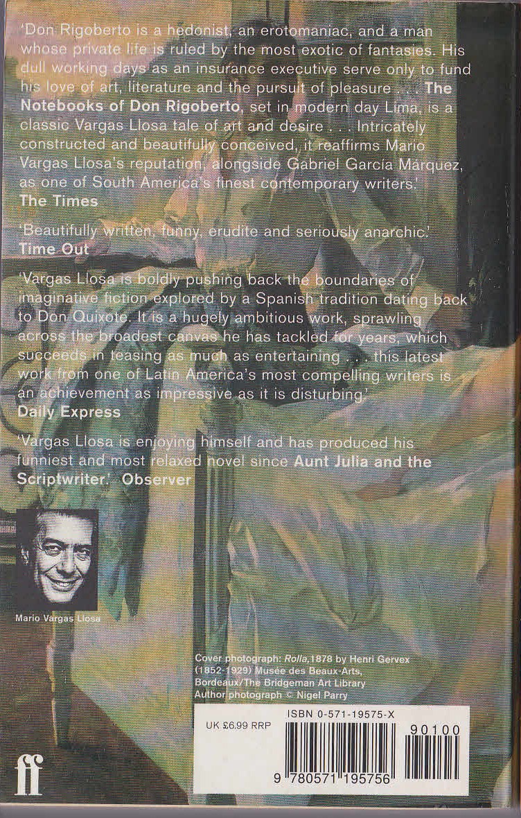 Mario Vargas Llosa  THE NOTEBOOKS OF DON RIGOBERTO magnified rear book cover image