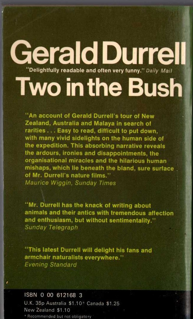 Gerald Durrell  TWO IN THE BUSH magnified rear book cover image