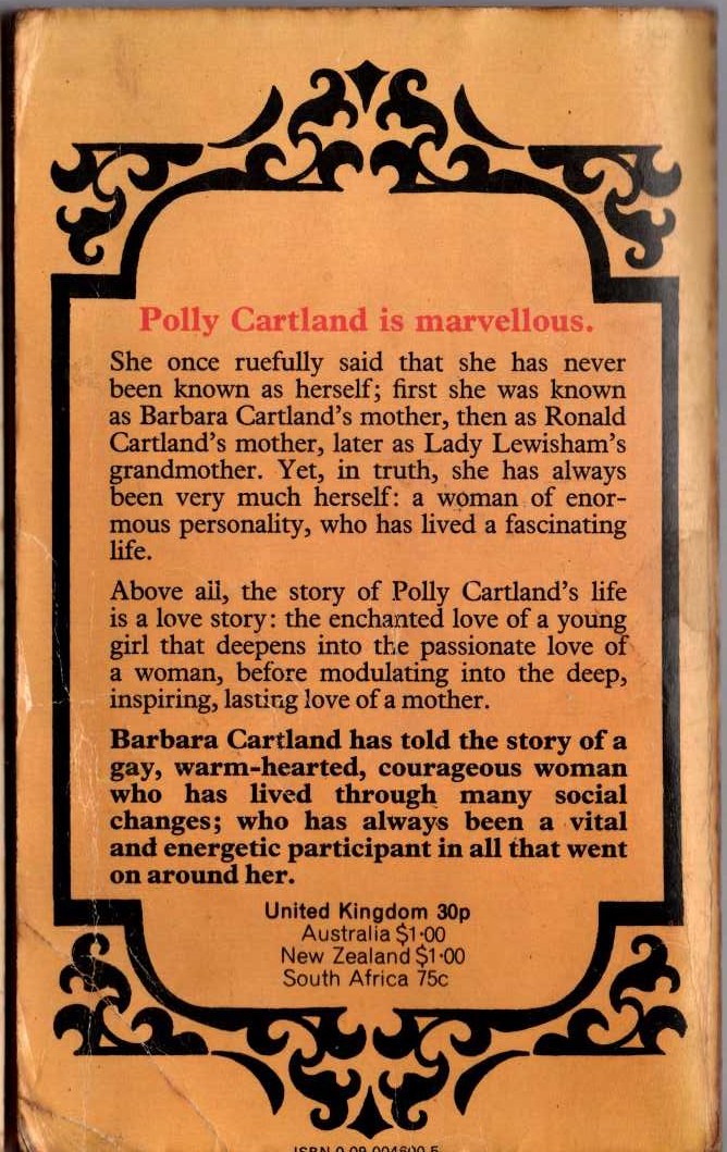 Barbara Cartland  POLLY: THE STORY OF MY WONDERFUL MOTHER magnified rear book cover image