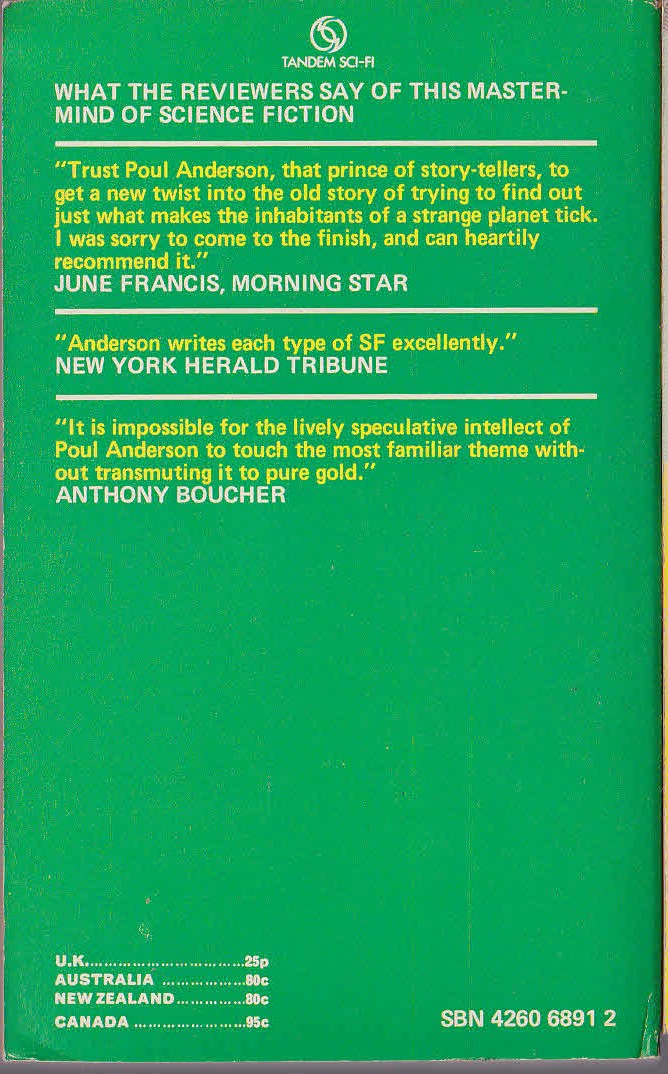 Poul Anderson  LET THE SPACEMEN BEWARE magnified rear book cover image