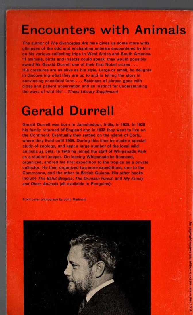 Gerald Durrell  ENCOUNTERS WITH ANIMALS magnified rear book cover image