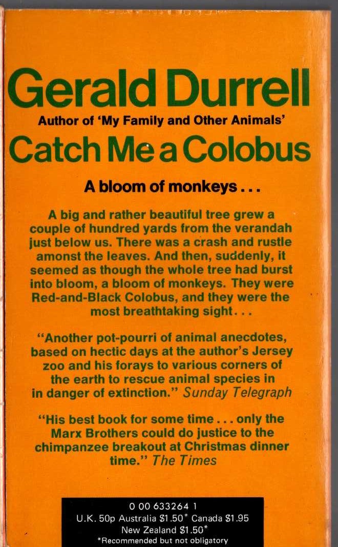 Gerald Durrell  CATCH ME A COLOBUS magnified rear book cover image