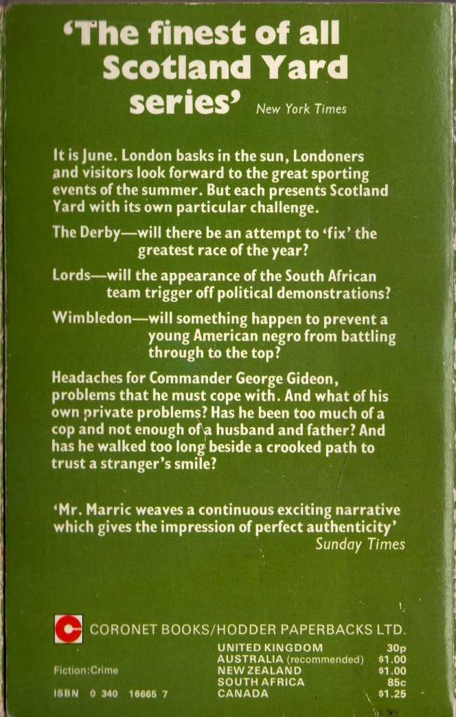 J.J. Marric  GIDEON'S SPORT magnified rear book cover image