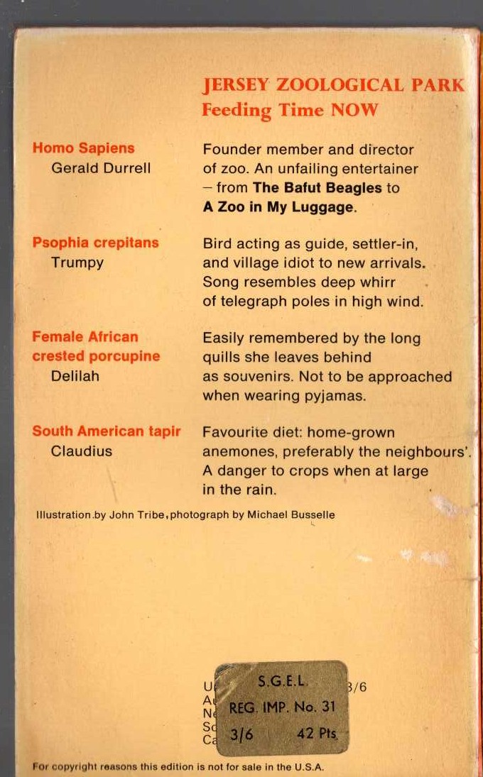 Gerald Durrell  MENAGERIE MANOR magnified rear book cover image