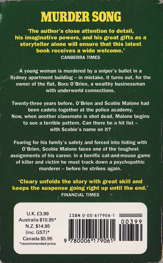 Jon Cleary  MURDER SONG magnified rear book cover image