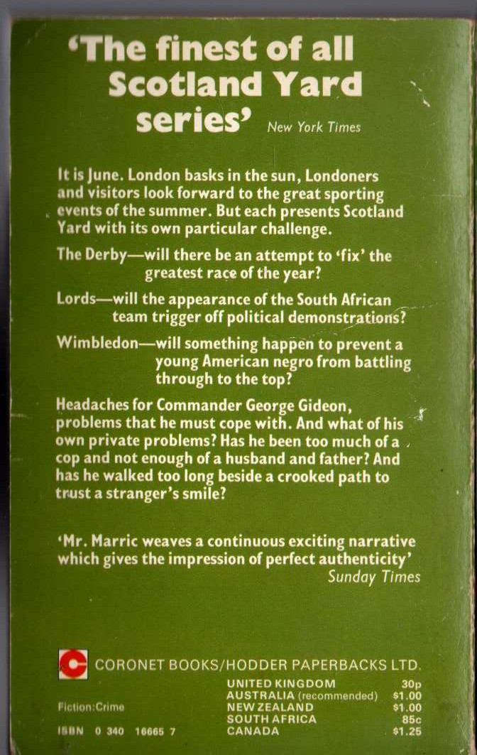 J.J. Marric  GIDEON'S SPORT magnified rear book cover image