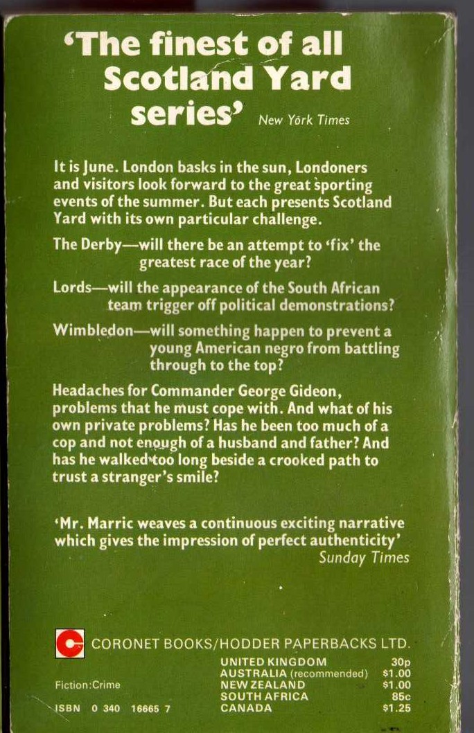 J.J. Marric  GIDEON'S SPORT magnified rear book cover image