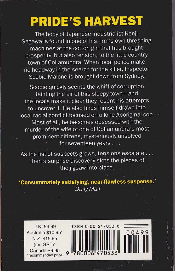 Jon Cleary  PRIDE'S HARVEST magnified rear book cover image