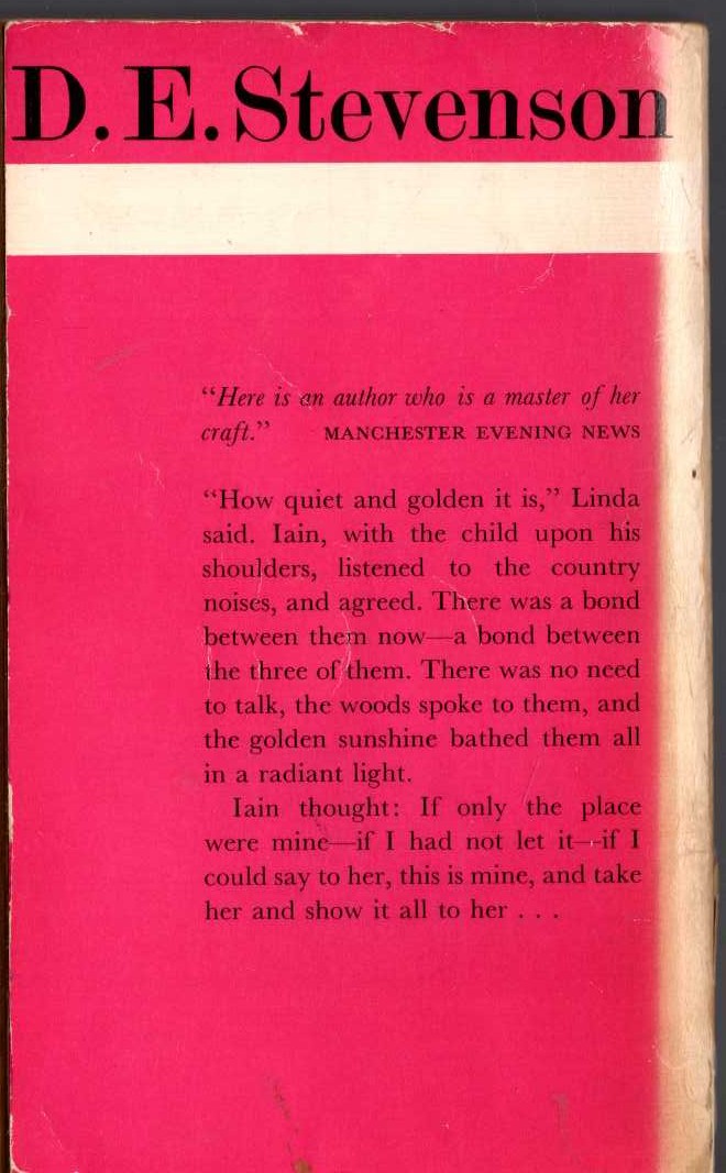 D.E. Stevenson  SMOULDERING FIRE magnified rear book cover image