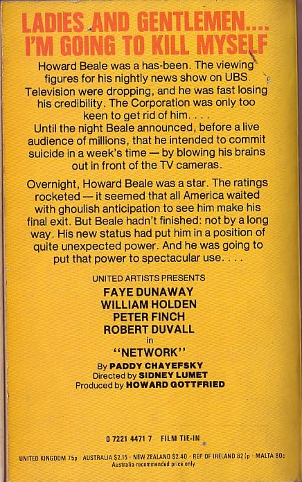 Sam Hedrin  NETWORK (Faye Dunaway, Robert Duvall..) magnified rear book cover image